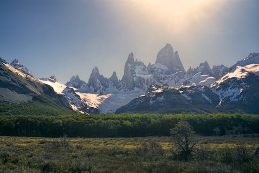 Chilean mountains bathing in sunlight in Los Glaciares National Park                          