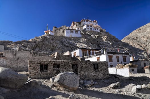 Close-up view of Chemrey monastery built on rocks, Ladakh 