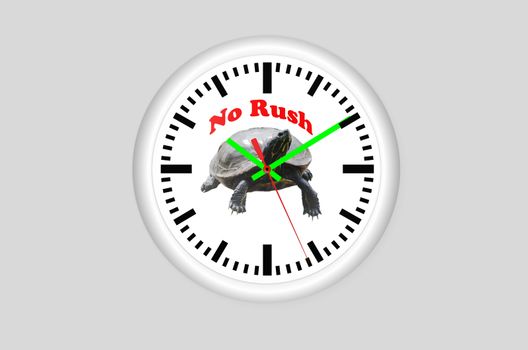 Clock against a gray background, in the middle of a turtle and the inscription No Rush.