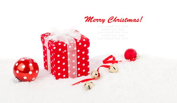 christmas red gift with branch firtree, isolated over white