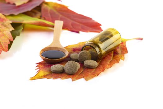 medicine bottle, pills on leaf and syrup in wooden spoon on white background