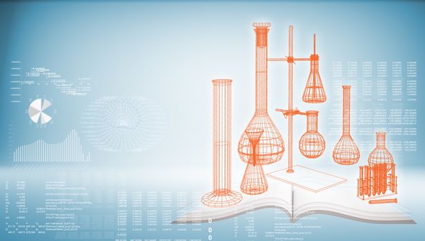 Test tubes and flasks on open book. Wire-frame render. Graphs and text rows as backdrop