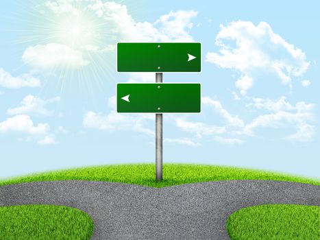 Crossroads road sign. Green grass, fork in the way and sky as backdrop