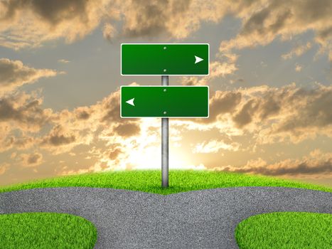 Crossroads road sign. Green grass, fork in the way and sky as backdrop