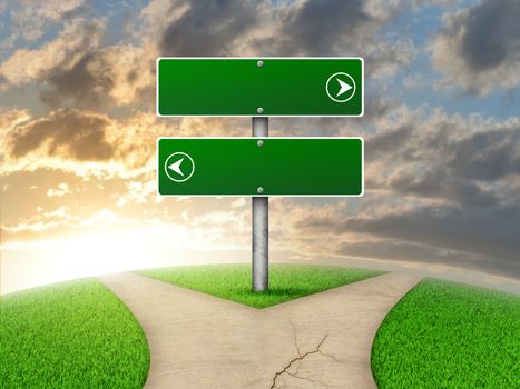 Crossroads road sign. Green grass, fork in the way and sky as backdrop