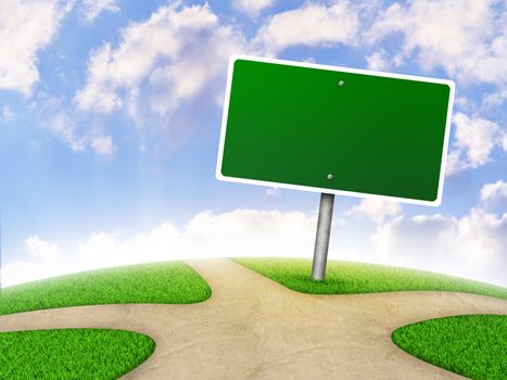 Crossroads road sign. Green grass, fork in the way and sky as backdrop