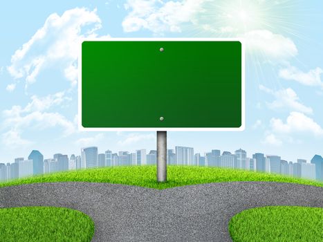 Crossroads road sign. City, green grass, fork in the way and sky as backdrop