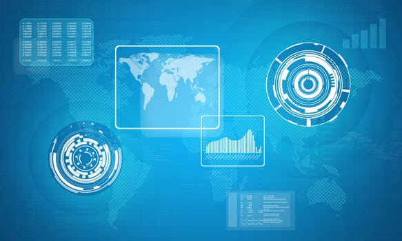 Technology concept consits of world map, graphs and circles. Blue background