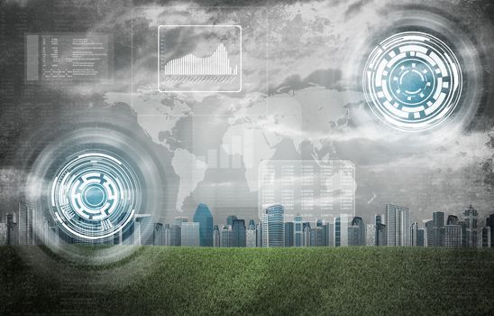 World map, graphs and circles. Buildings and green grass field as backdrop. Grunge style