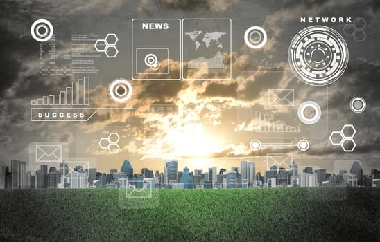 World map, graphs and circles. Buildings and green grass field as backdrop