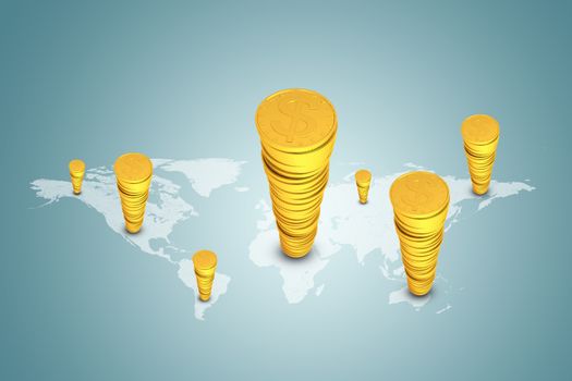 Stacks of gold dollars on world map. Business concept