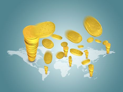 Stacks of gold dollars on world map. Business concept