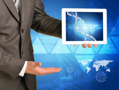 Man hands using tablet pc. Image of DNA helix on tablet screen