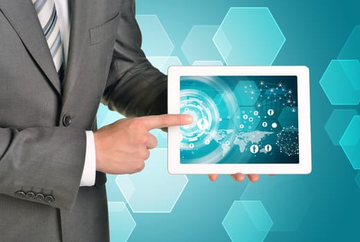 Man hands using tablet pc. Image of business elements on tablet screen