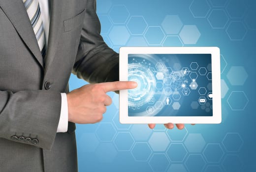 Man hands using tablet pc. Image of business elements on tablet screen