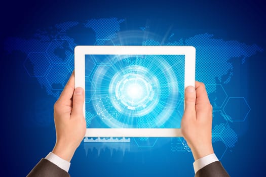 Man hands using tablet pc. Image of business elements on tablet screen