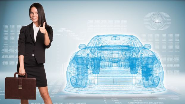 Businesswoman holding briefcase and showing thumb up. Wire-frame car and high-tech graphs as backdrop