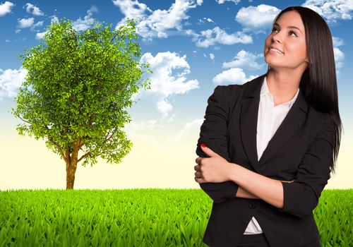 Businesswoman in suit smiling and looking up. Tree and green landscape as backdrop
