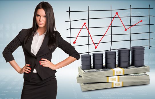 Angry businesswoman with packs dollars and barrels oil. Schedule of price increases in background