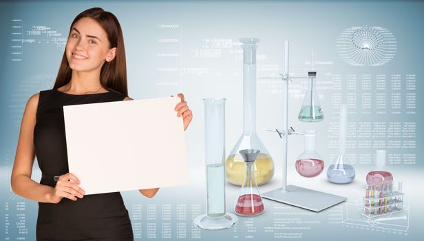 Businesswoman hold paper sheet. Flasks chemistry lab. Graphs, arrows and world map as backdrop