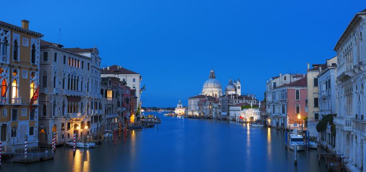 Panoramic view of the Grand Canal and Basilica Santa Maria della Salute at night