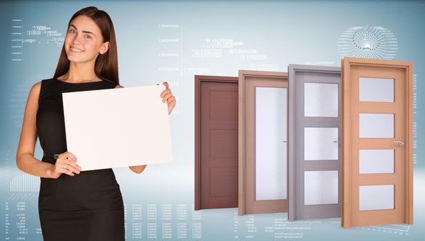 Businesswoman hold paper sheet. Row wooden doors