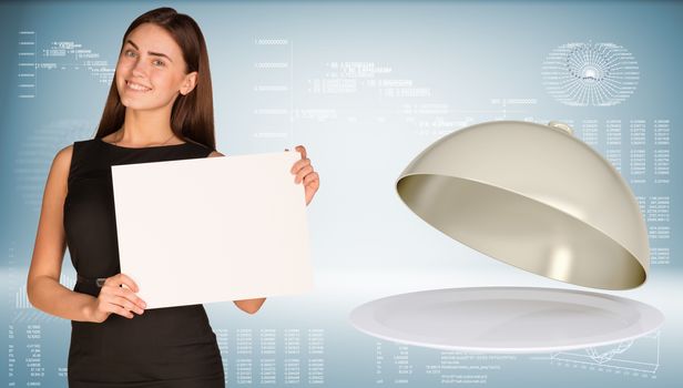 Businesswoman hold paper sheet. Dish with lid as backdrop