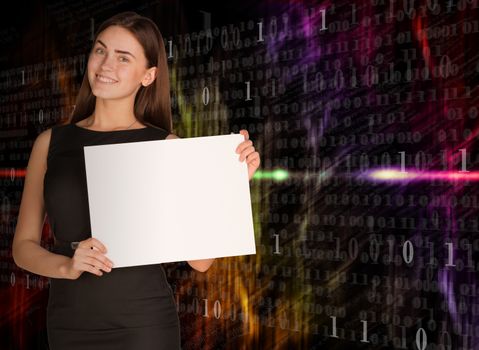 Businesswoman holding empty paper. Glowing figures as backdrop