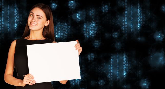 Businesswoman holding empty paper. Blue glowing figures as backdrop