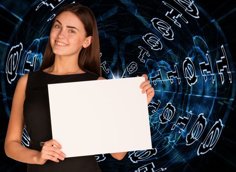 Businesswoman holding empty paper. Blue glowing figures as backdrop