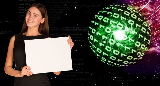 Businesswoman holding empty paper. Glowing figures as backdrop