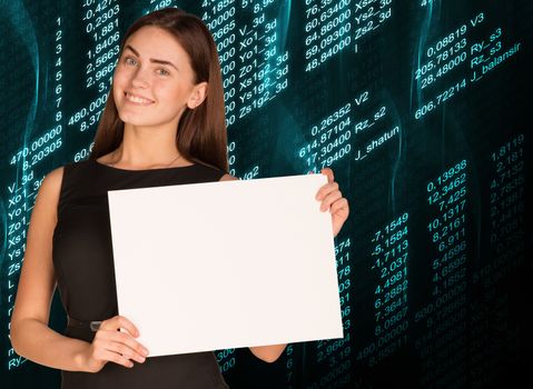 Businesswoman holding empty paper. Glowing figures as backdrop