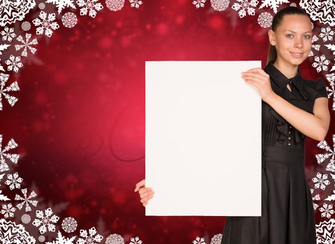 Businesswoman holding empty paper. Abstract christmas backgrond