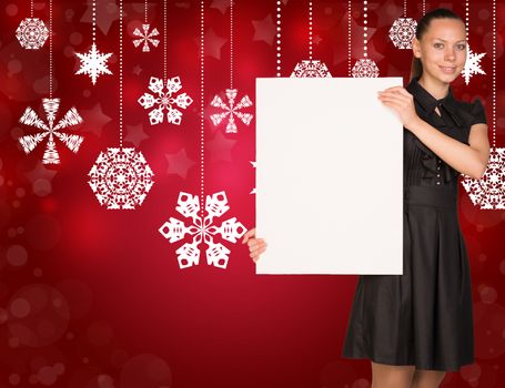 Businesswoman holding empty paper. Abstract christmas backgrond