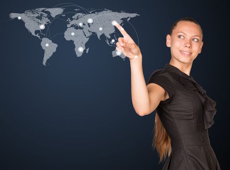Businesswoman point finger at world map. Connection concept