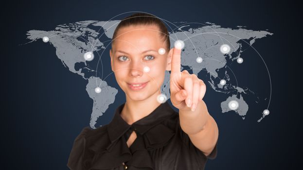 Businesswoman point finger at world map. Connection concept