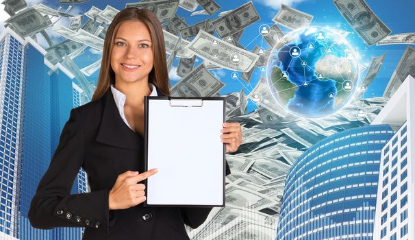 Bisinesswoman hold paper holder. Buildings and Earth. Dollars falling from the sky. Element of this image furnished by NASA