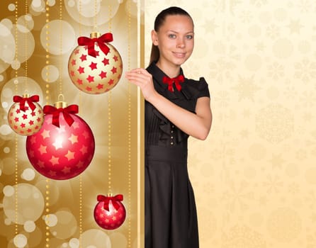 Businesswoman and christmas tree balls. Christmas background