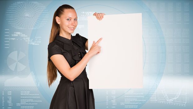 Businesswoman holding empty paper. Graphs with text rows as backdrop