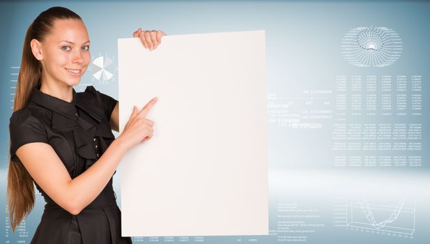 Businesswoman holding empty paper. Graphs with text rows as backdrop