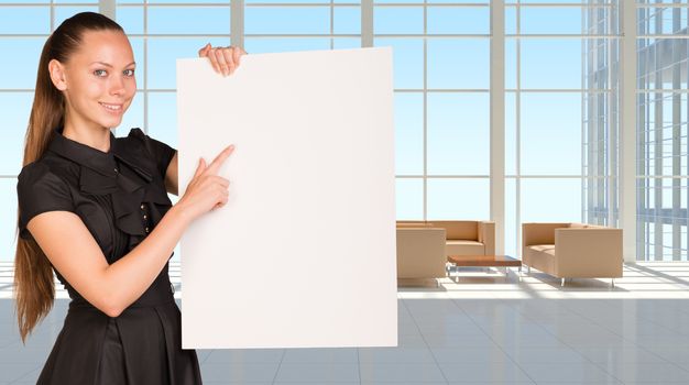 Businesswoman holding empty paper. Large window in office building as background