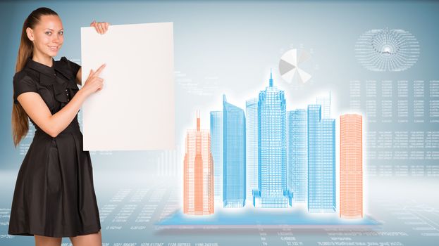 Businesswoman holding empty paper. Wire-frame buildings, graphs with text rows as backdrop