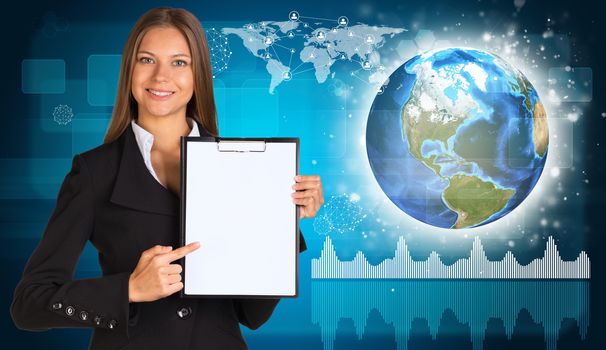 Beautiful businesswoman in suit holding paper holder. Network with people icons, Earth and graphs in background. Elements of this image furnished by NASA