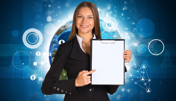 Beautiful businesswoman in suit holding paper holder. Earth and graphs in background. Elements of this image furnished by NASA