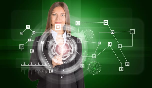 Beautiful businesswoman in suit presses finger on virtual icon. Network with circles. Technology concept