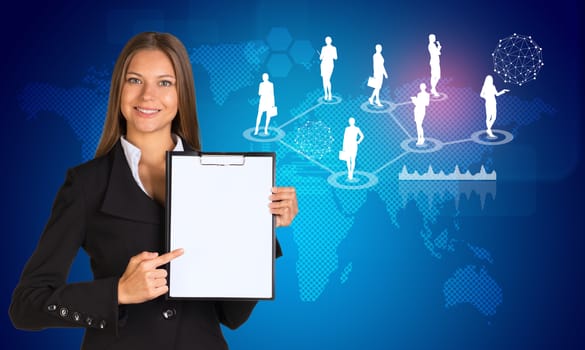 Beautiful businesswoman in suit holding paper holder. World map and business silhouettes in background