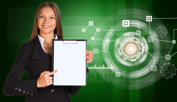 Beautiful businesswoman in suit holding paper holder. Network with circles. Technology concept