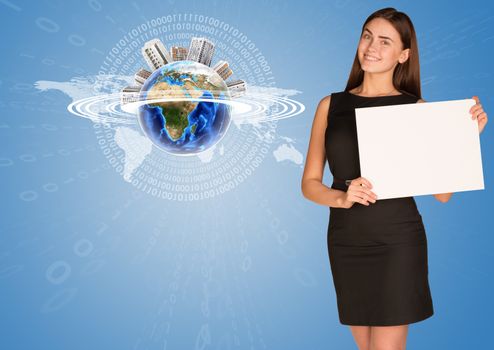 Beautiful businesswoman in dress holding paper holder. Earth with buildings and figures in background. Elements of this image furnished by NASA