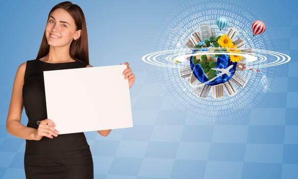 Beautiful businesswoman in dress holding paper holder. Earth with buildings and figures in background. Elements of this image furnished by NASA