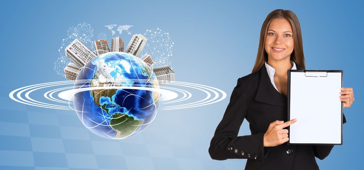 Beautiful businesswoman in suit holding paper holder. Earth with buildings and orbit in background. Elements of this image furnished by NASA